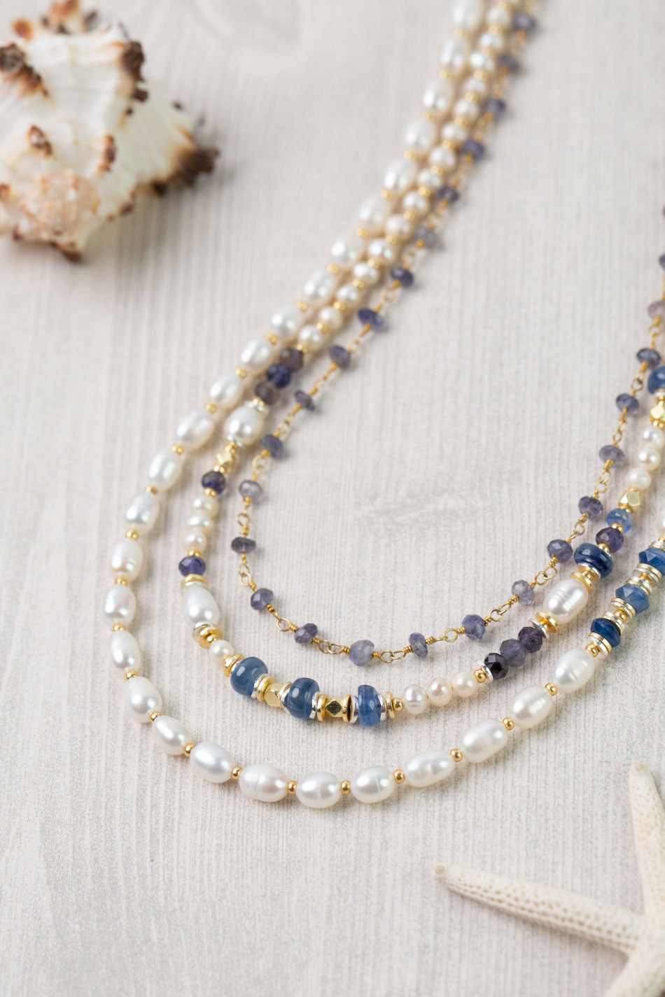 Seaside 17-19" Fresh Water Pearl, Kyanite, Iolite Multistrand Necklace