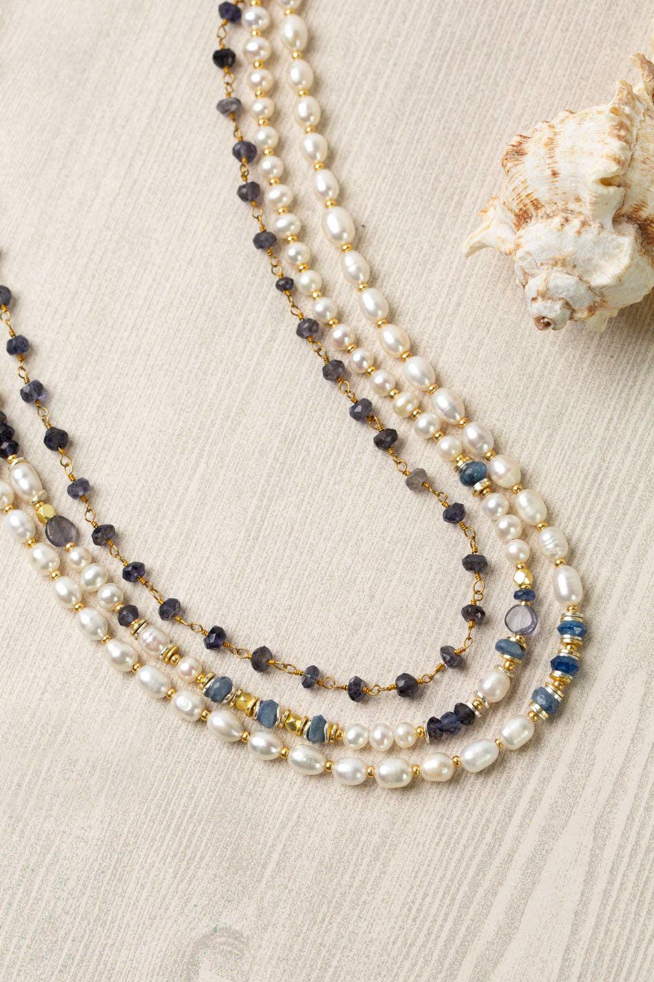 Seaside 17-19" Fresh Water Pearl, Kyanite, Iolite Multistrand Necklace