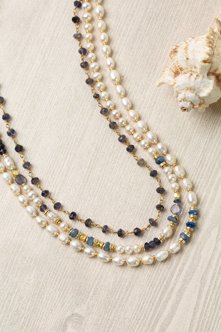 Seaside 17-19" Fresh Water Pearl, Kyanite, Iolite Multistrand Necklace