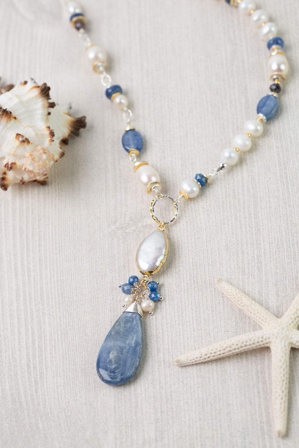 Seaside 23.5-25.5" Freshwater Pearl, Kyanite, Iolite Collage Focal Necklace