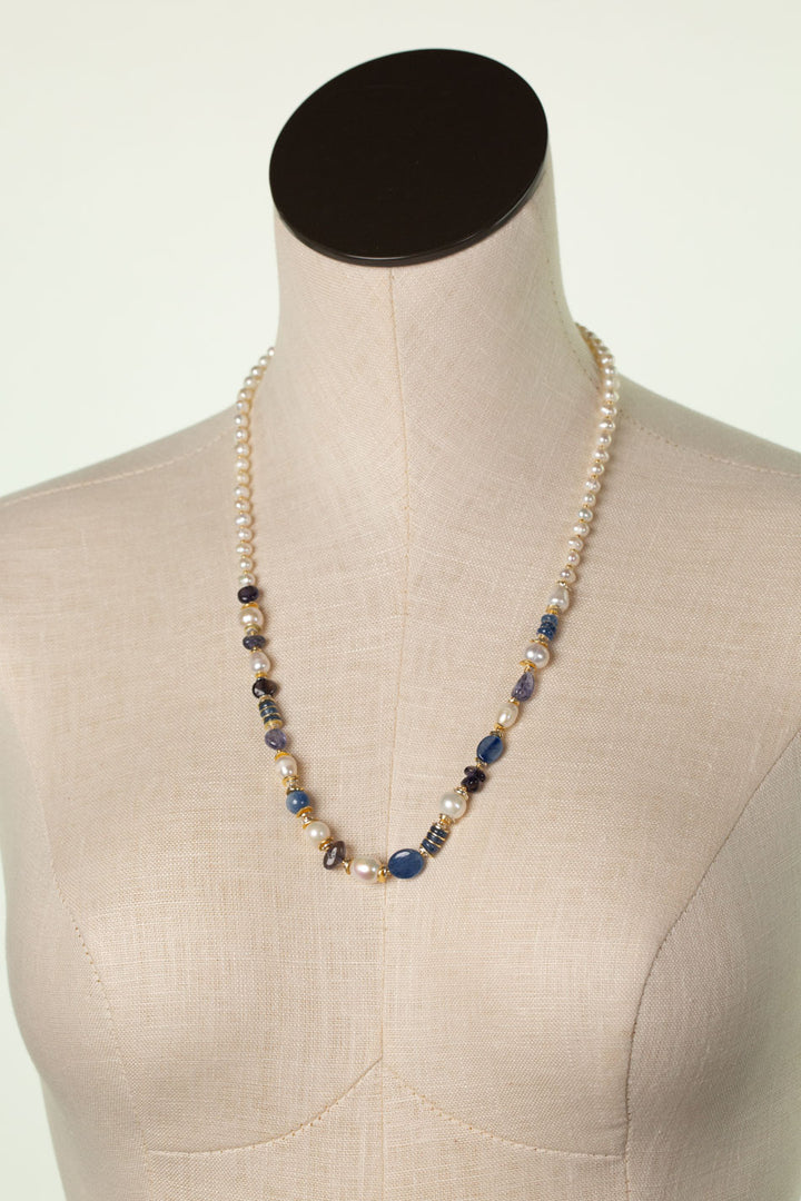 Seaside 21.5-23.5" Freshwater Pearl, Kyanite, Iolite Collage Necklace