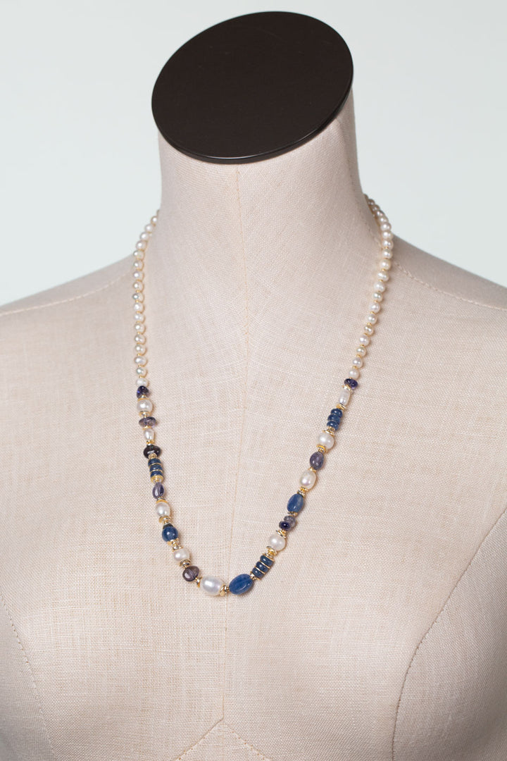 Seaside 21.5-23.5" Freshwater Pearl, Kyanite, Iolite Collage Necklace