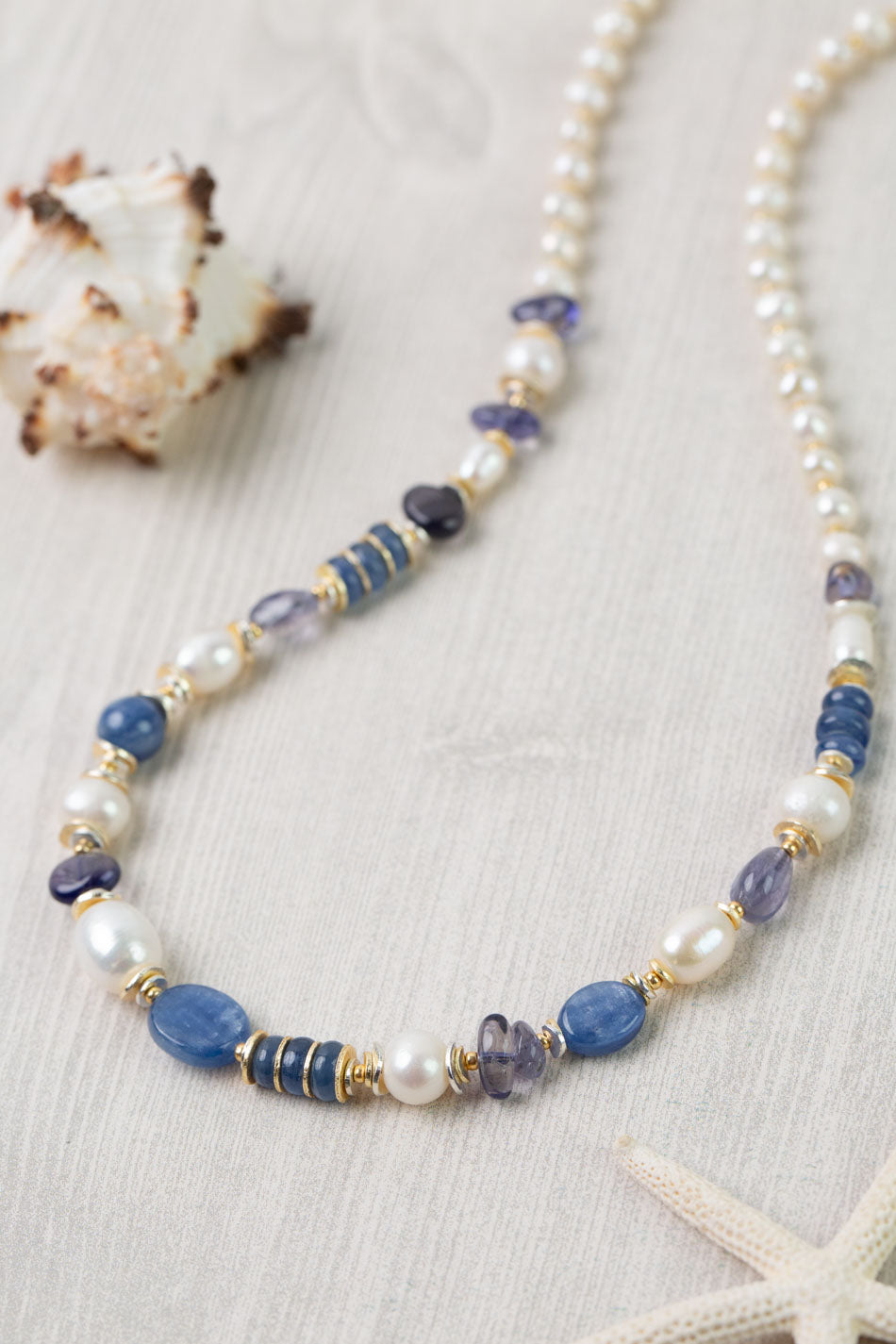 Seaside 21.5-23.5" Freshwater Pearl, Kyanite, Iolite Collage Necklace