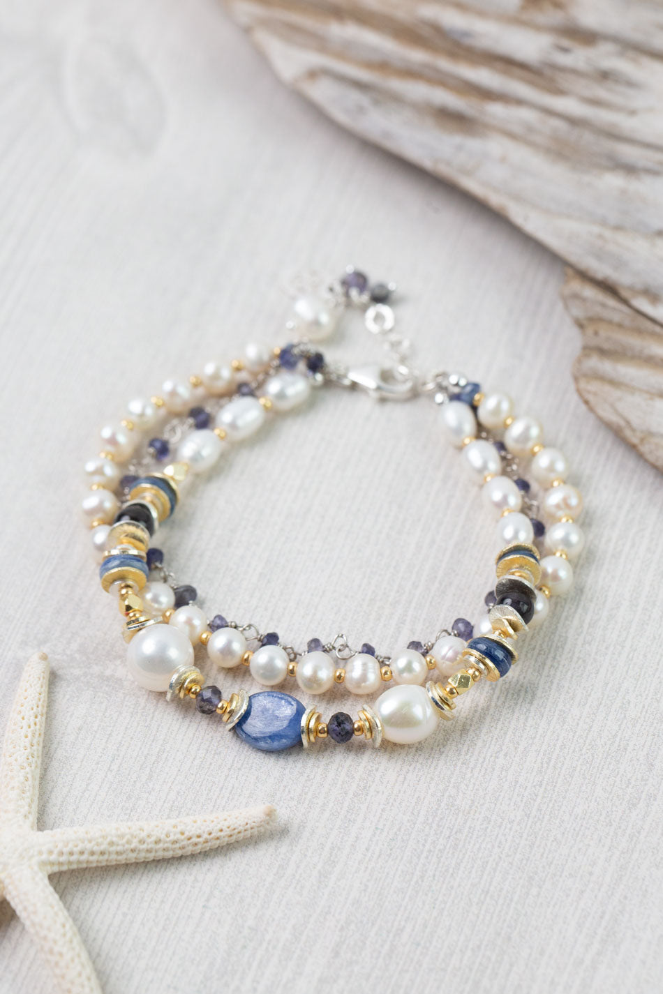 Seaside 7.5-8.5" Freshwater Pearl, Kyanite, Iolite Multistrand Bracelet