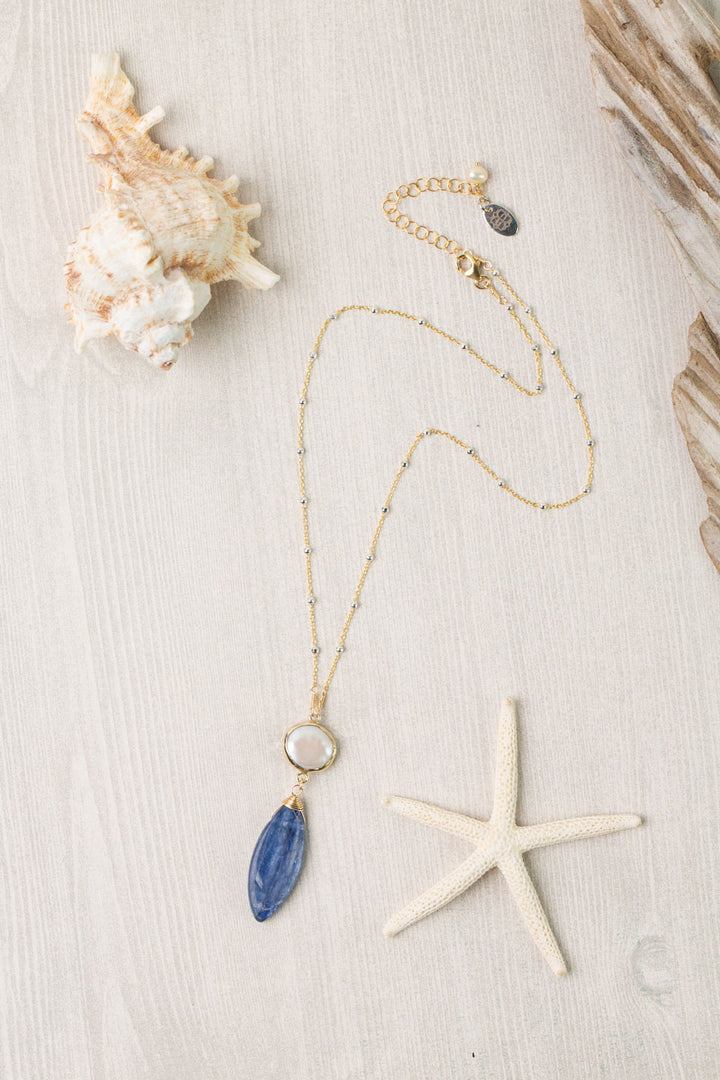 Seaside 16-18" Freshwater Pearl, Kyanite Drop Focal Necklace