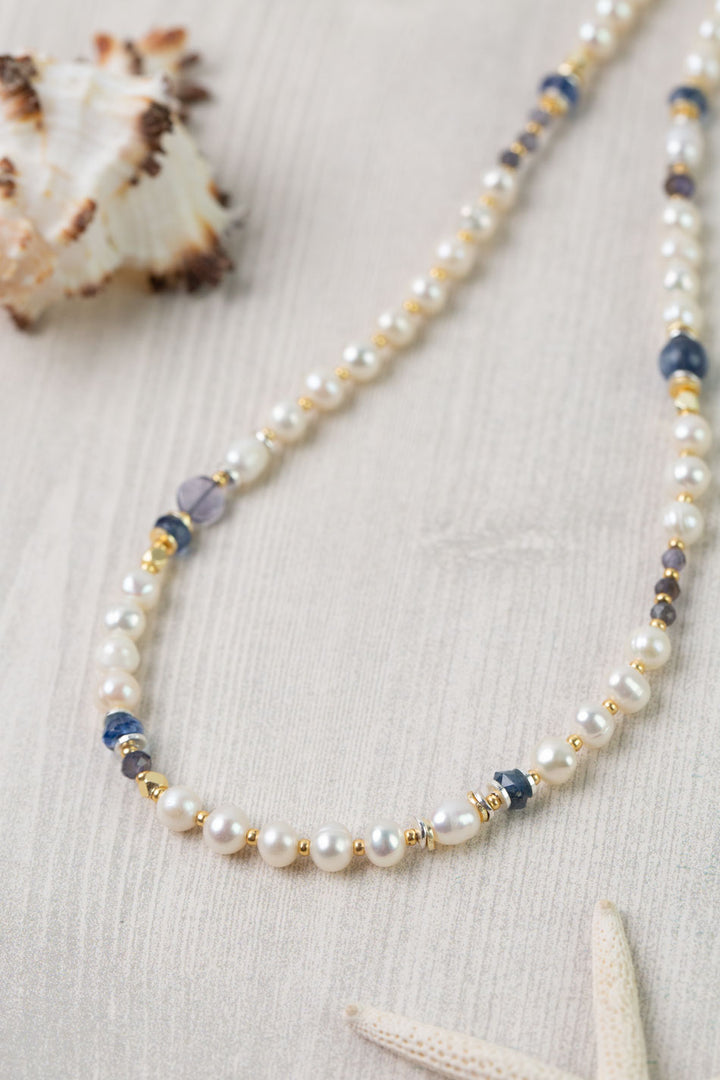 Seaside 21-22" Freshwater Pearl, Kyanite, Iolite Collage Necklace