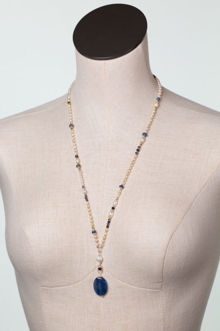 Seaside 26-28" Kyanite, Freshwater Pearl, Iolite Collage Focal Necklace