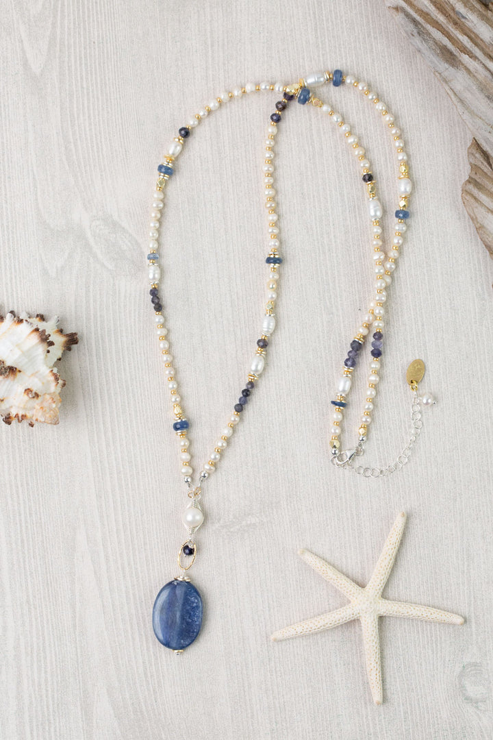 Seaside 26-28" Kyanite, Freshwater Pearl, Iolite Collage Focal Necklace