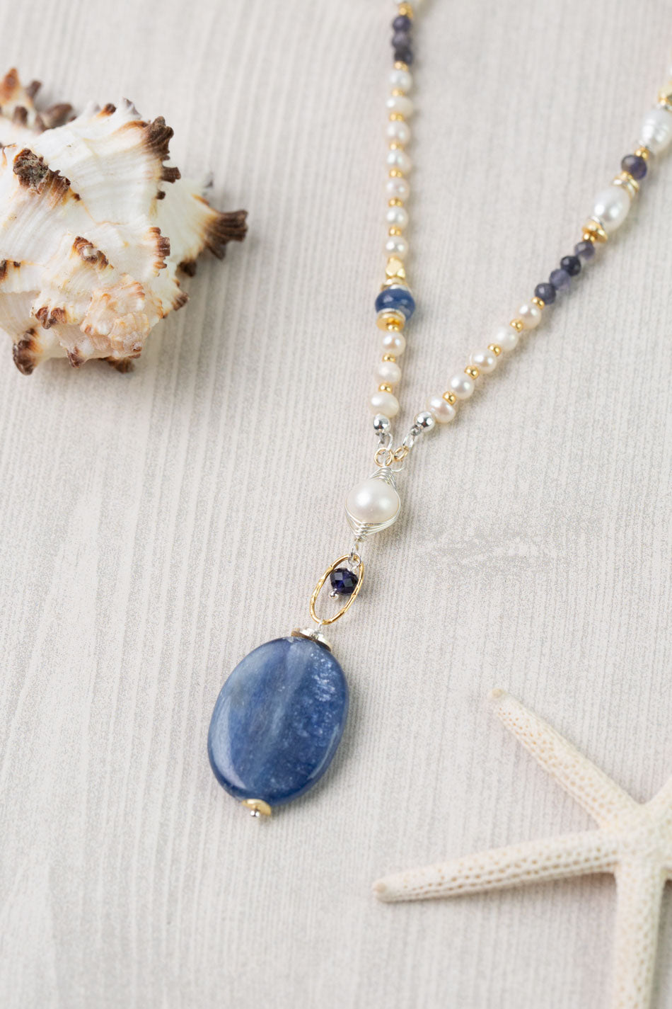 Seaside 26-28" Kyanite, Freshwater Pearl, Iolite Collage Focal Necklace