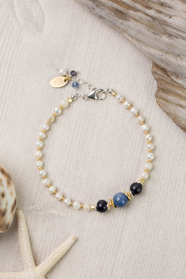Seaside 7.5-8.5" Pearl, Kyanite, Iolite Single Strand Simple Bracelet