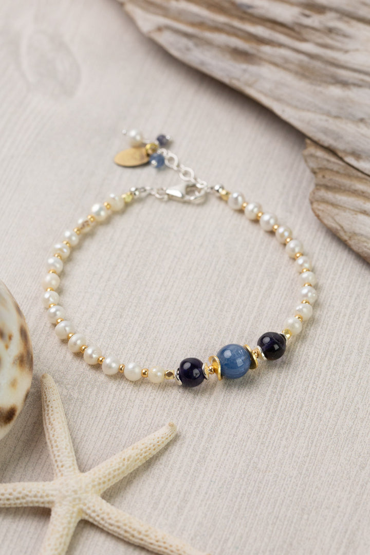 Seaside 7.5-8.5" Pearl, Kyanite, Iolite Single Strand Simple Bracelet