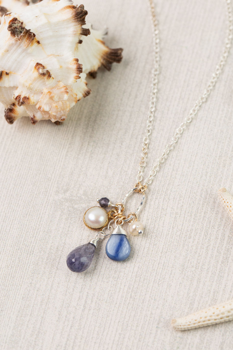 Seaside 17-19" Iolite, Freshwater Pearl, Kyanite Cluster Necklace
