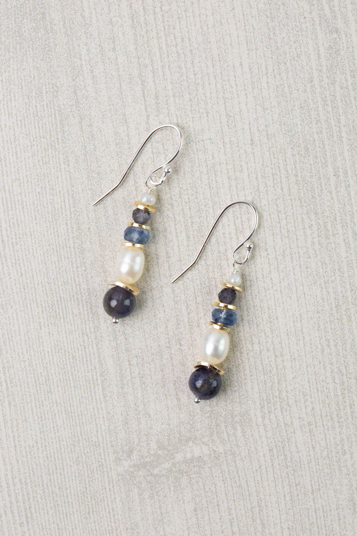 Seaside Kyanite, Pearl with Iolite Dangle Earrings
