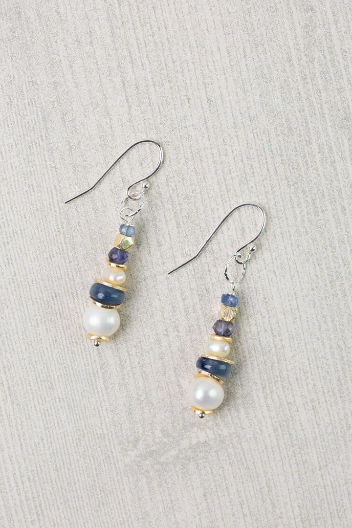 Seaside Kyanite, Pearl with Iolite Dangle Earrings