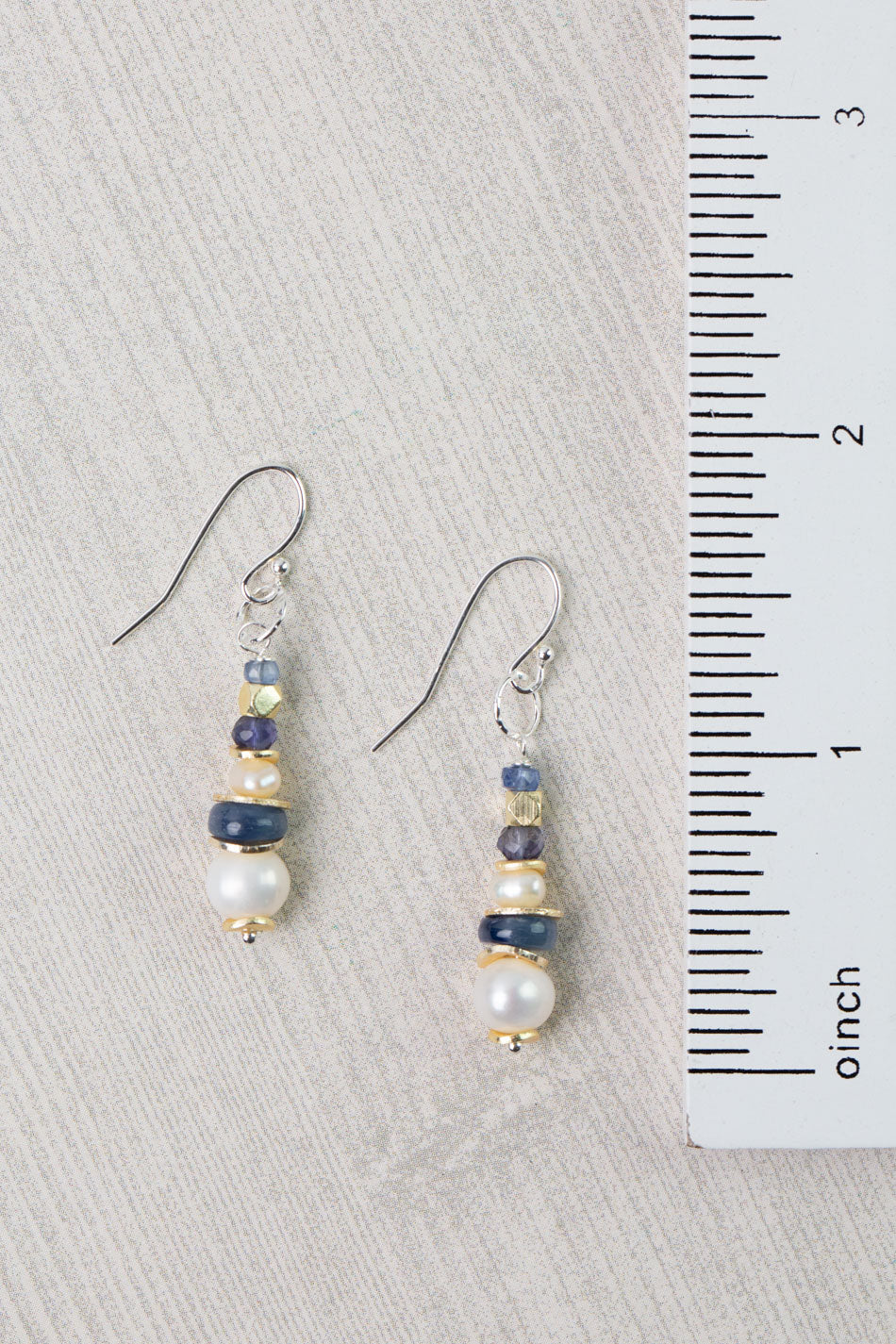 Seaside Kyanite, Pearl with Iolite Dangle Earrings