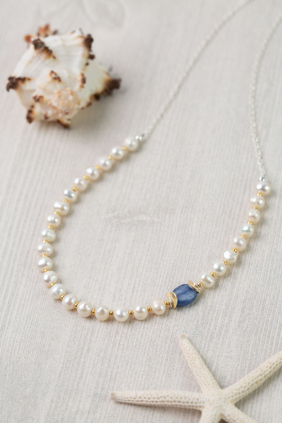 Seaside 16.5-18.5" Pearl with Kyanite Cluster Necklace