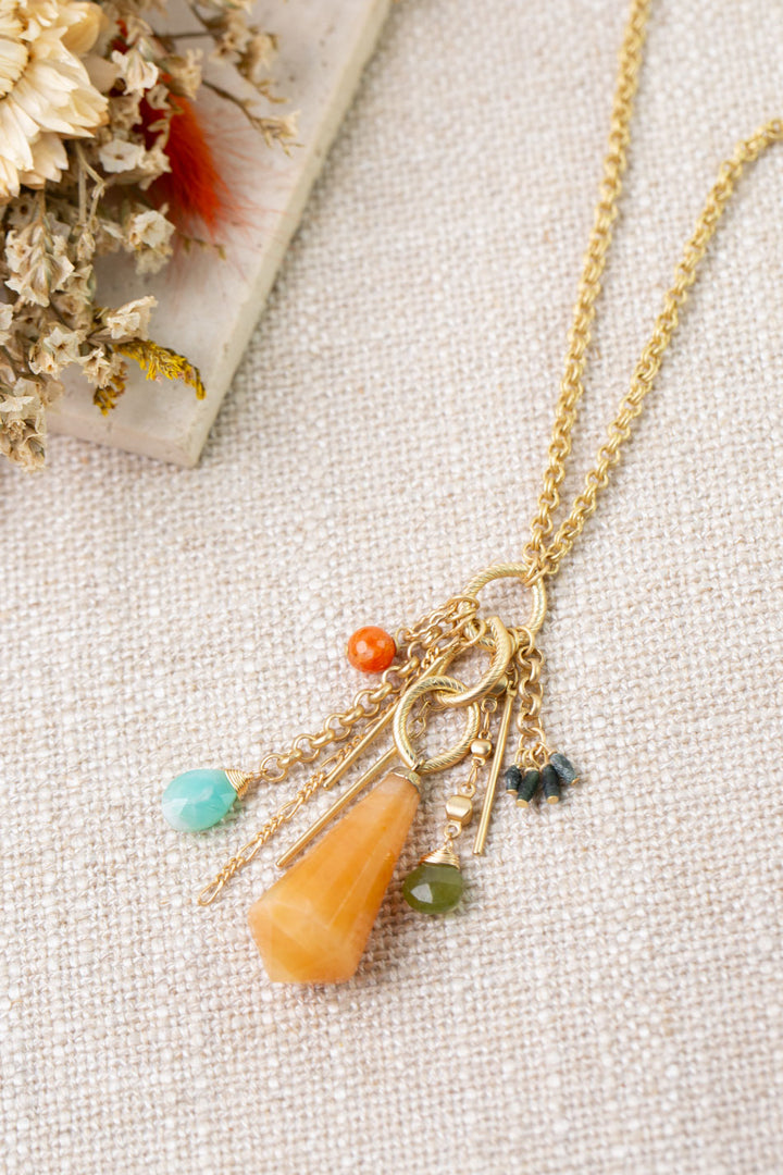 Secret Garden 31.5-33.5" Orange Calcite, Peruvian Opal, Wheat Jade with Red Aventurine Statement Necklace
