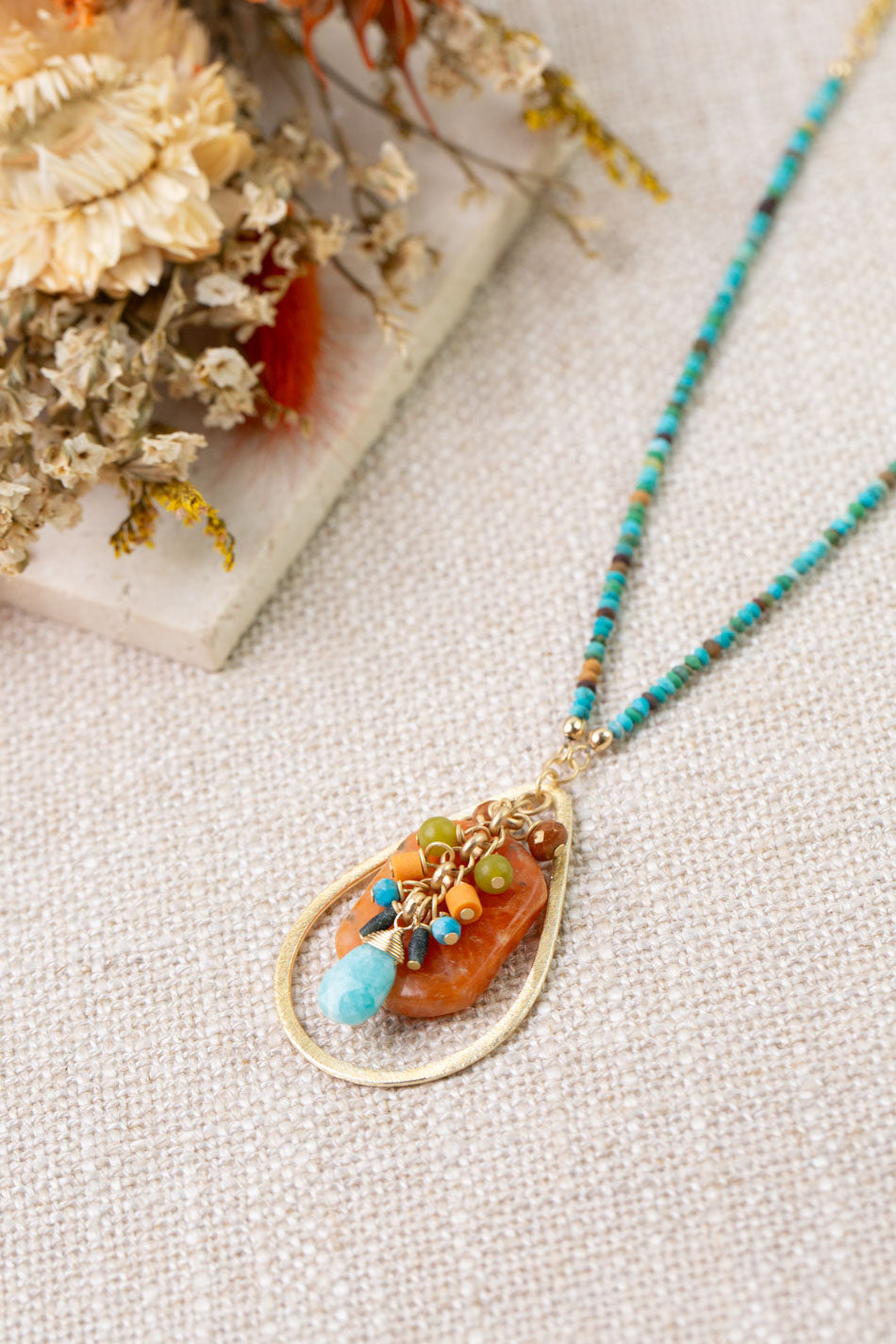 Secret Garden 23.5-25.5" Red Aventurine, Turquoise, Peruvian Opal Statement Necklace