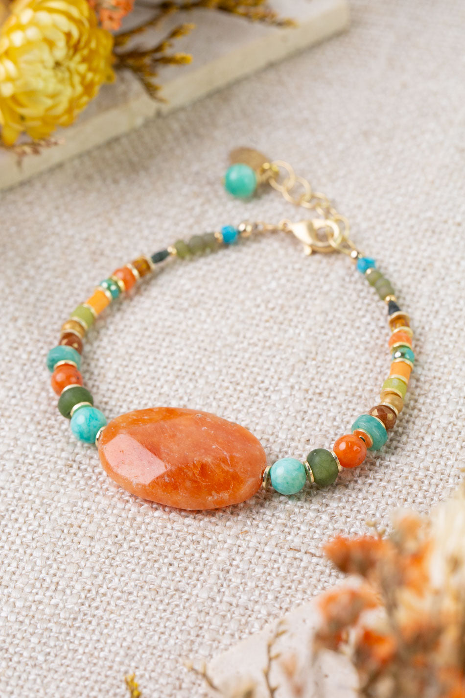 Secret Garden 7.5-8.5" Amazonite, Red Aventurine, Orange Calcite Simple Bracelet