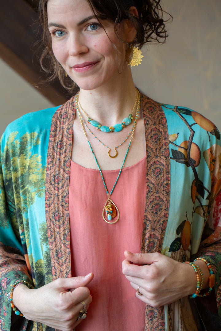 Secret Garden 17.5-19.5" Turquoise with Gold Open Circle Pendant Simple Necklace