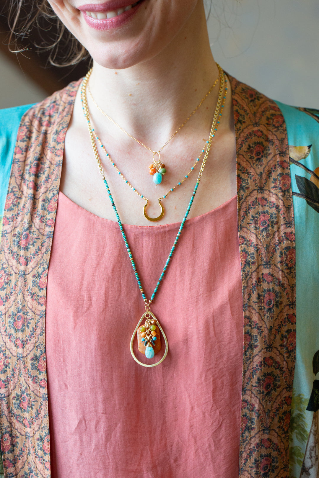 Secret Garden 23.5-25.5" Red Aventurine, Turquoise, Peruvian Opal Statement Necklace