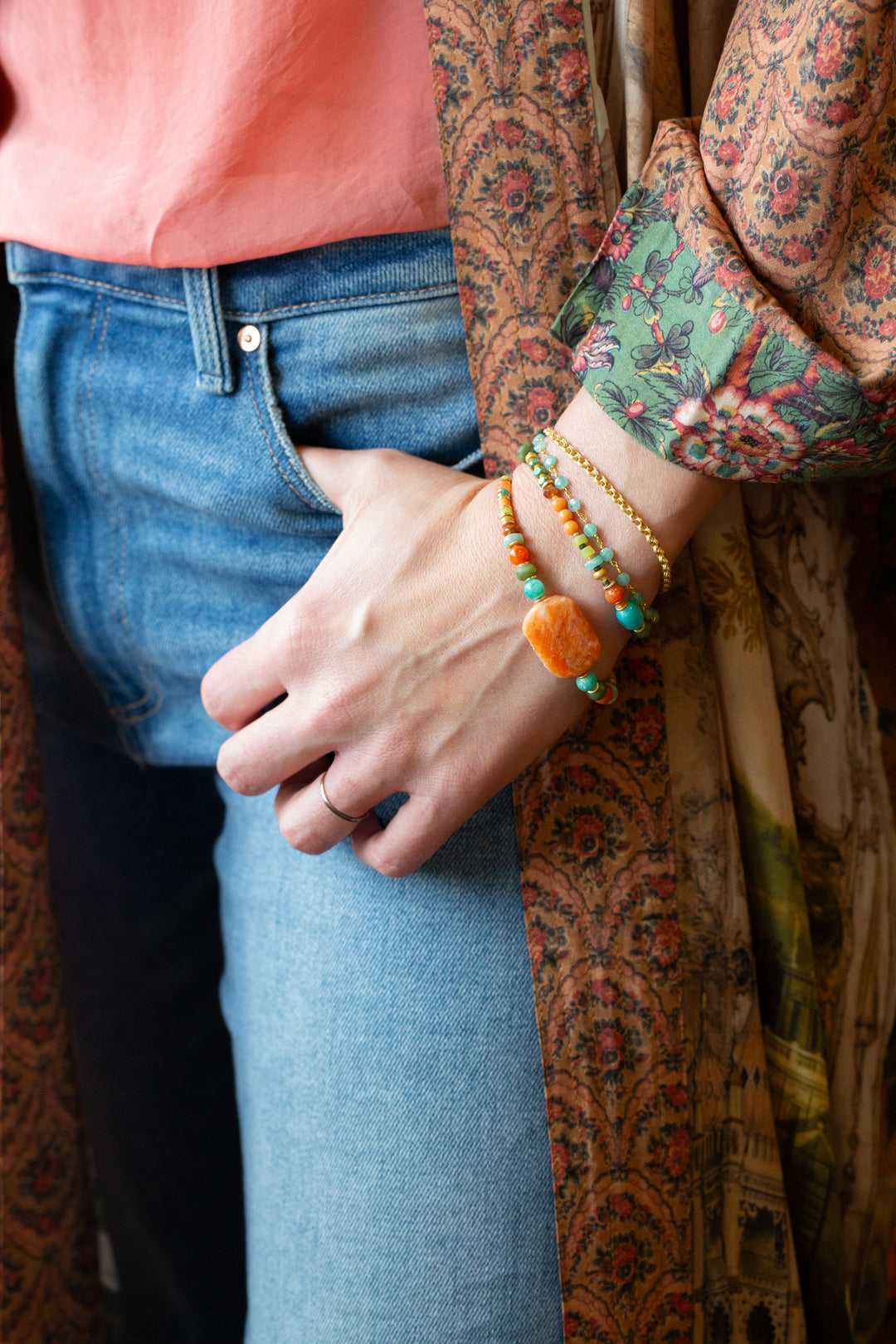 Secret Garden 7.5-8.5" Orange Calcite, Amazonite, Hessonite Garnet Multistrand Bracelet