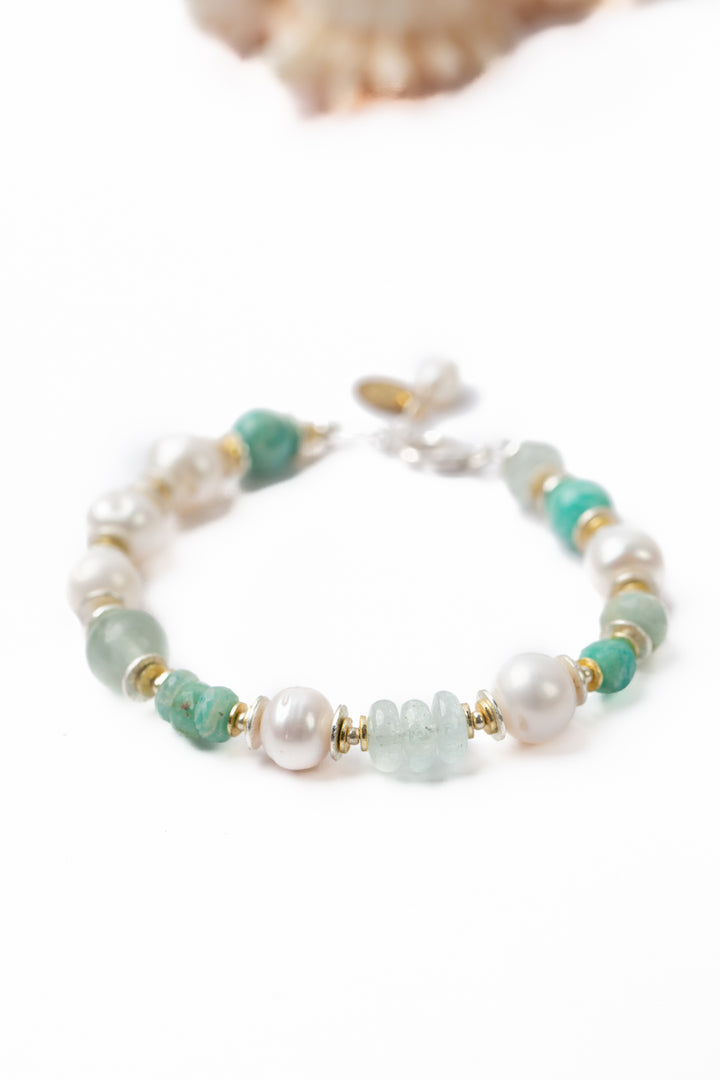 Serenity 7.5-8.5" Amazonite, Freshwater Pearl, Aquamarine Simple Bracelet