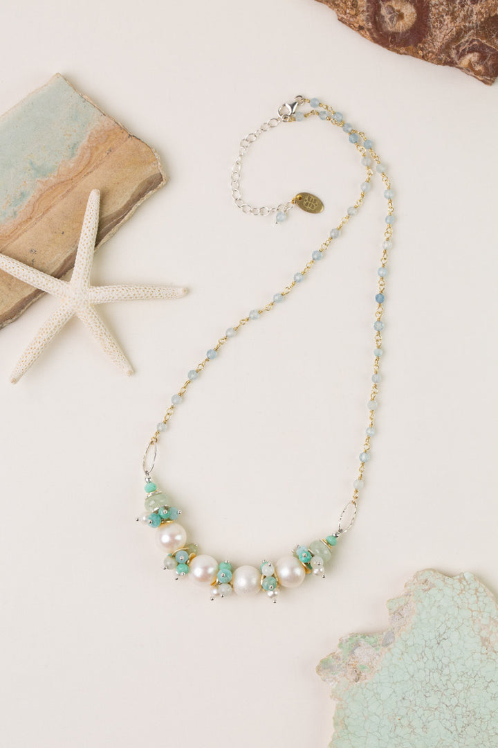Serenity 17-19" Amazonite, Aquamarine With Freshwater Pearl Simple Necklace
