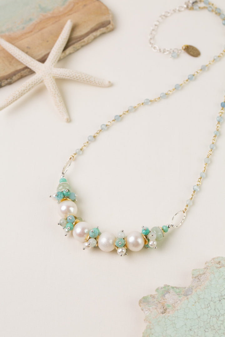 Serenity 17-19" Amazonite, Aquamarine With Freshwater Pearl Simple Necklace