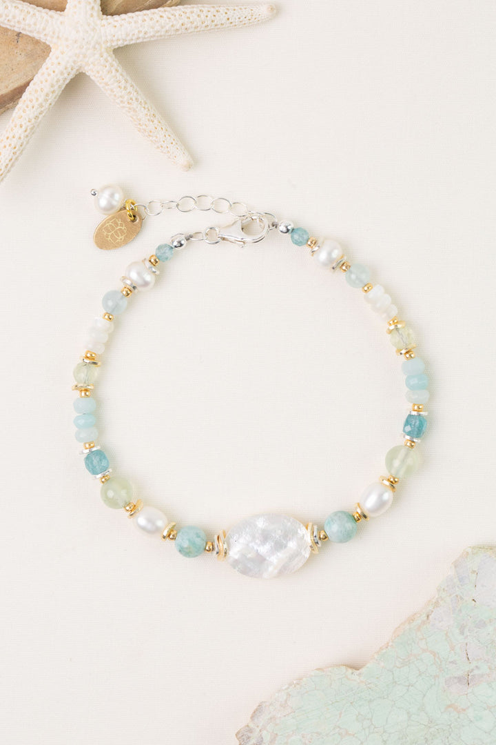 Serenity 7.5-8.5" Freshwater Pearl, Amazonite With Faceted Mother Of Pearl Collage Bracelet