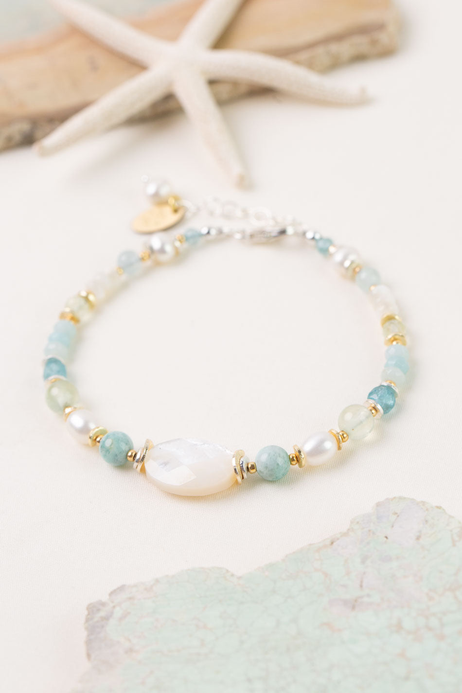 Serenity 7.5-8.5" Freshwater Pearl, Amazonite With Faceted Mother Of Pearl Collage Bracelet