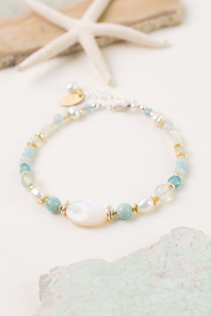 Serenity 7.5-8.5" Freshwater Pearl, Amazonite With Faceted Mother Of Pearl Collage Bracelet