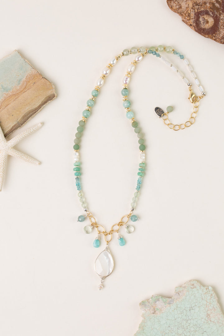 Serenity 19.5-21.5" Freshwater Pearl, Amazonite, Aquamarine With Mother Of Pearl Collage Necklace
