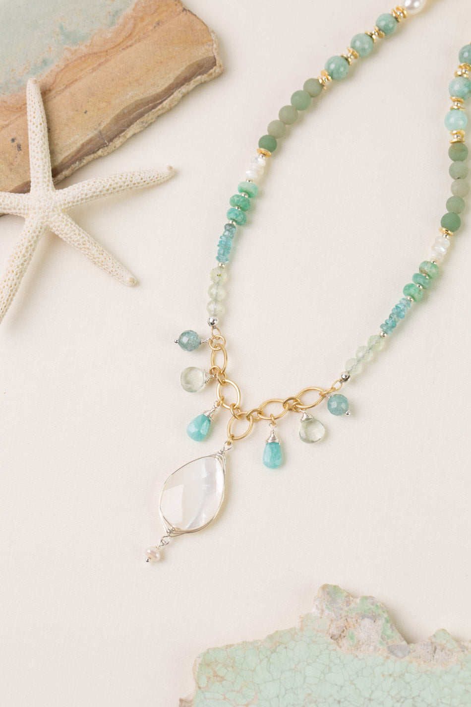 Serenity 19.5-21.5" Freshwater Pearl, Amazonite, Aquamarine With Mother Of Pearl Collage Necklace