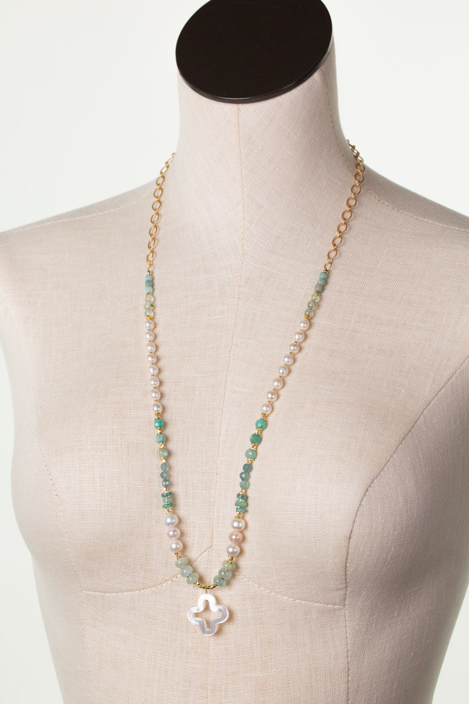 Serenity 31-32" Freshwater Pearl, Amazonite, Apatite With Mother Of Pearl Cross Statement Necklace
