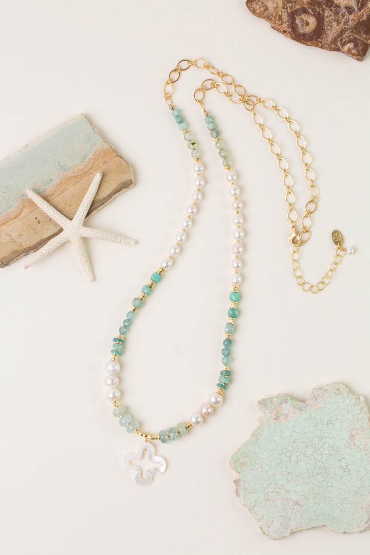 Serenity 31-32" Freshwater Pearl, Amazonite, Apatite With Mother Of Pearl Cross Statement Necklace