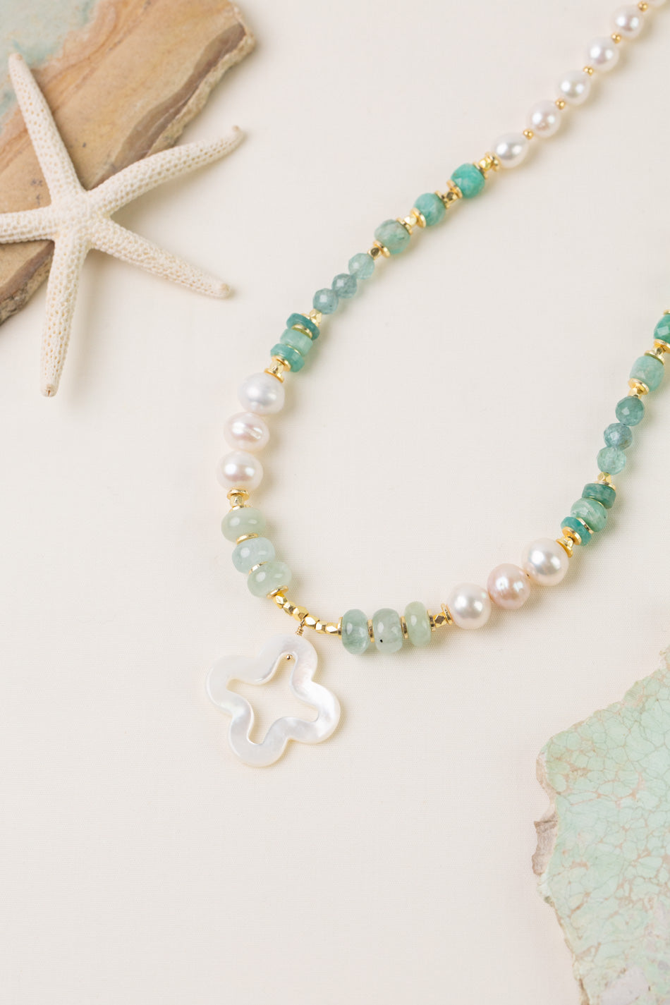 Serenity 31-32" Freshwater Pearl, Amazonite, Apatite With Mother Of Pearl Cross Statement Necklace