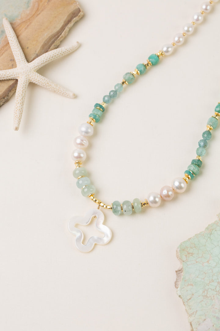 Serenity 31-32" Freshwater Pearl, Amazonite, Apatite With Mother Of Pearl Cross Statement Necklace