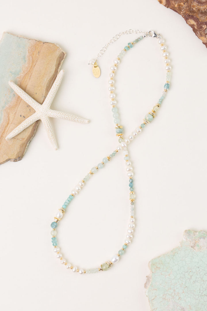 Serenity 18-20" Amazonite, Freshwater Pearl, Aquamarine Collage Necklace