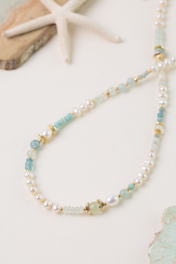 Serenity 18-20" Amazonite, Freshwater Pearl, Aquamarine Collage Necklace