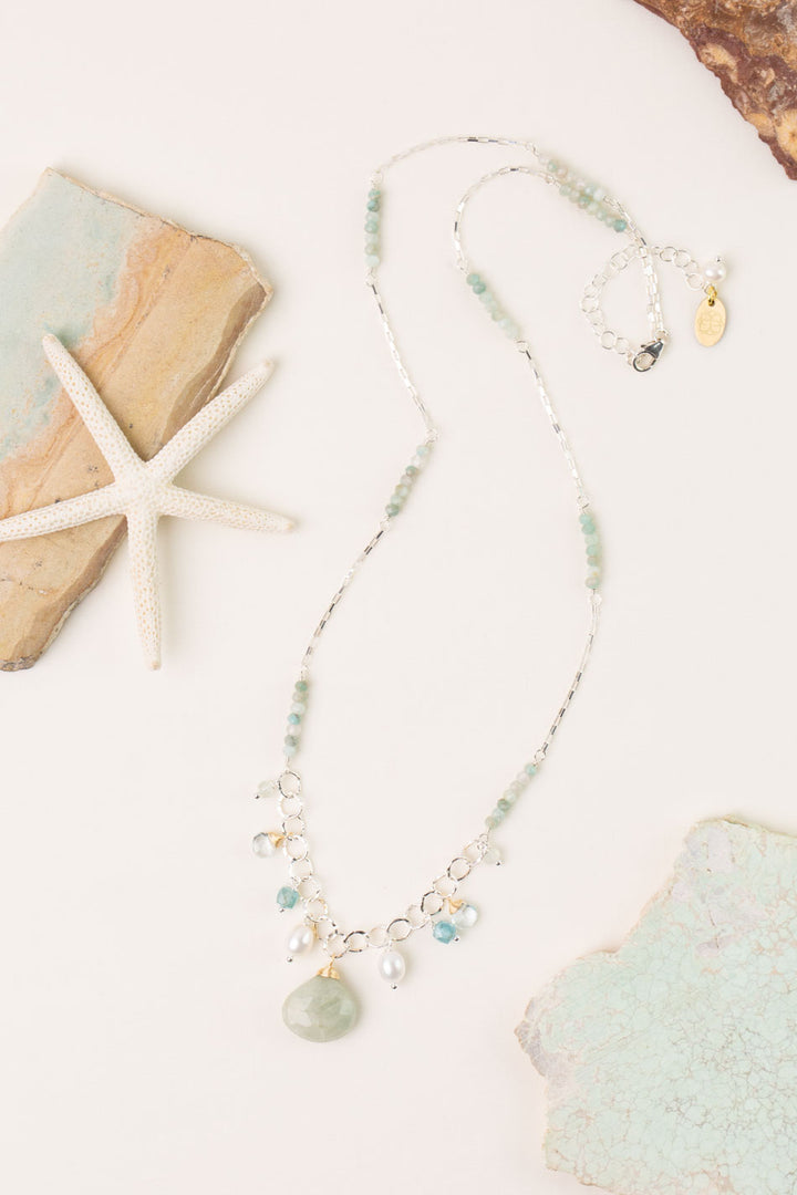 Serenity 20-22" Amazonite, Freshwater Pearl, Apatite with Aquamarine Statement Necklace