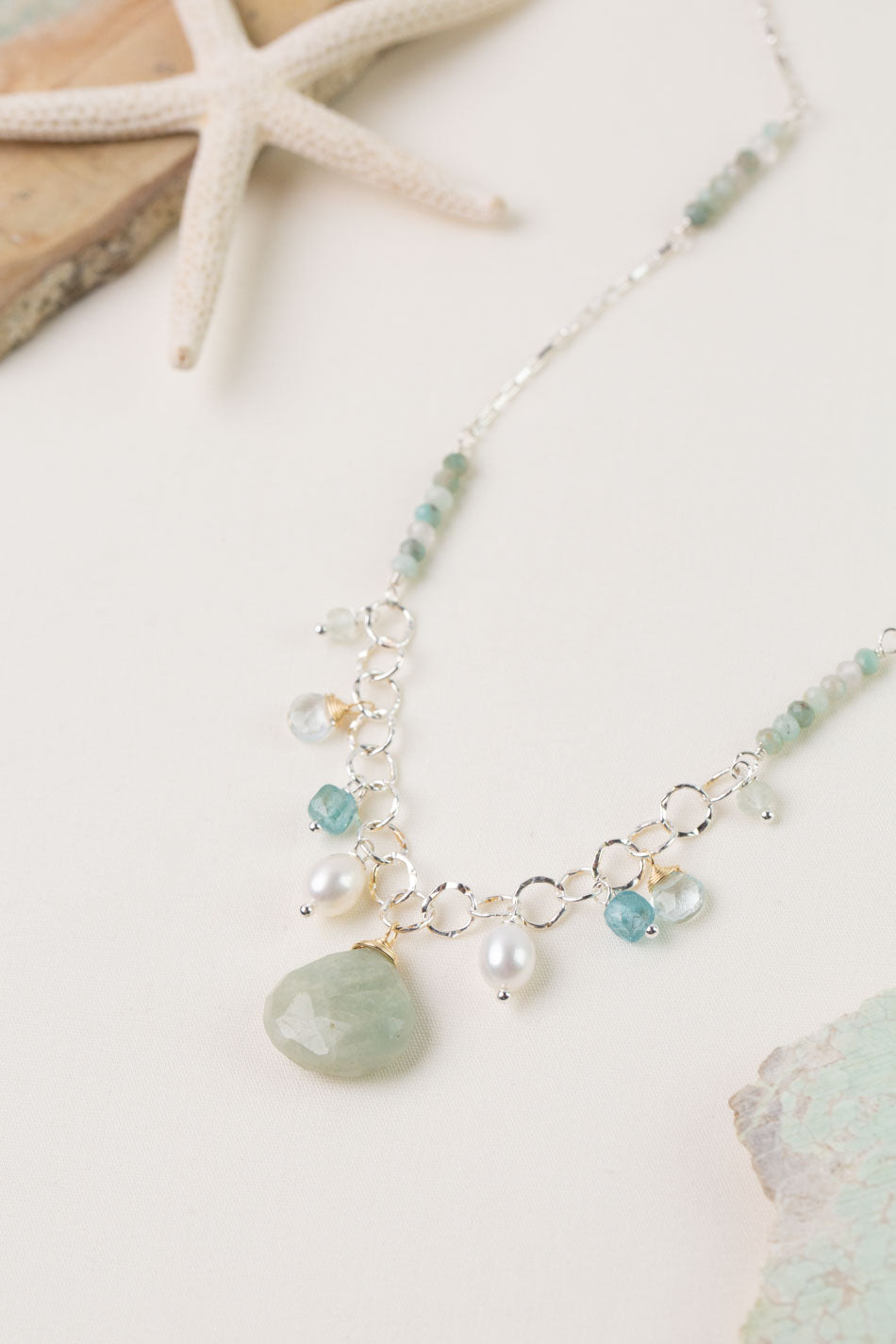 Serenity 20-22" Amazonite, Freshwater Pearl, Apatite with Aquamarine Statement Necklace