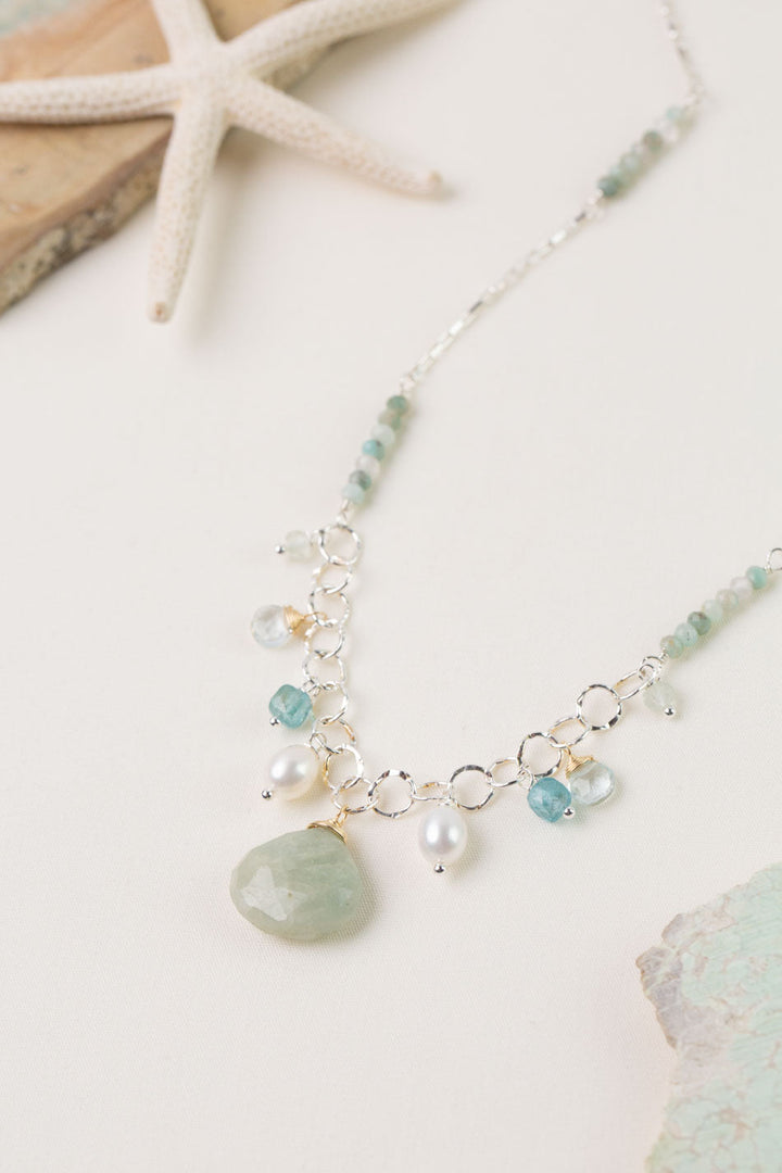 Serenity 20-22" Amazonite, Freshwater Pearl, Apatite with Aquamarine Statement Necklace