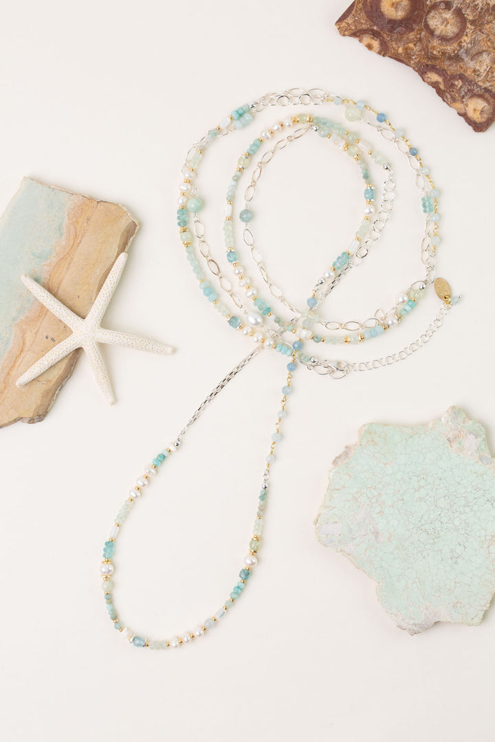 Serenity 58.5-60.5" Freshwater Pearl, Aquamarine, Amazonite Collage Necklace