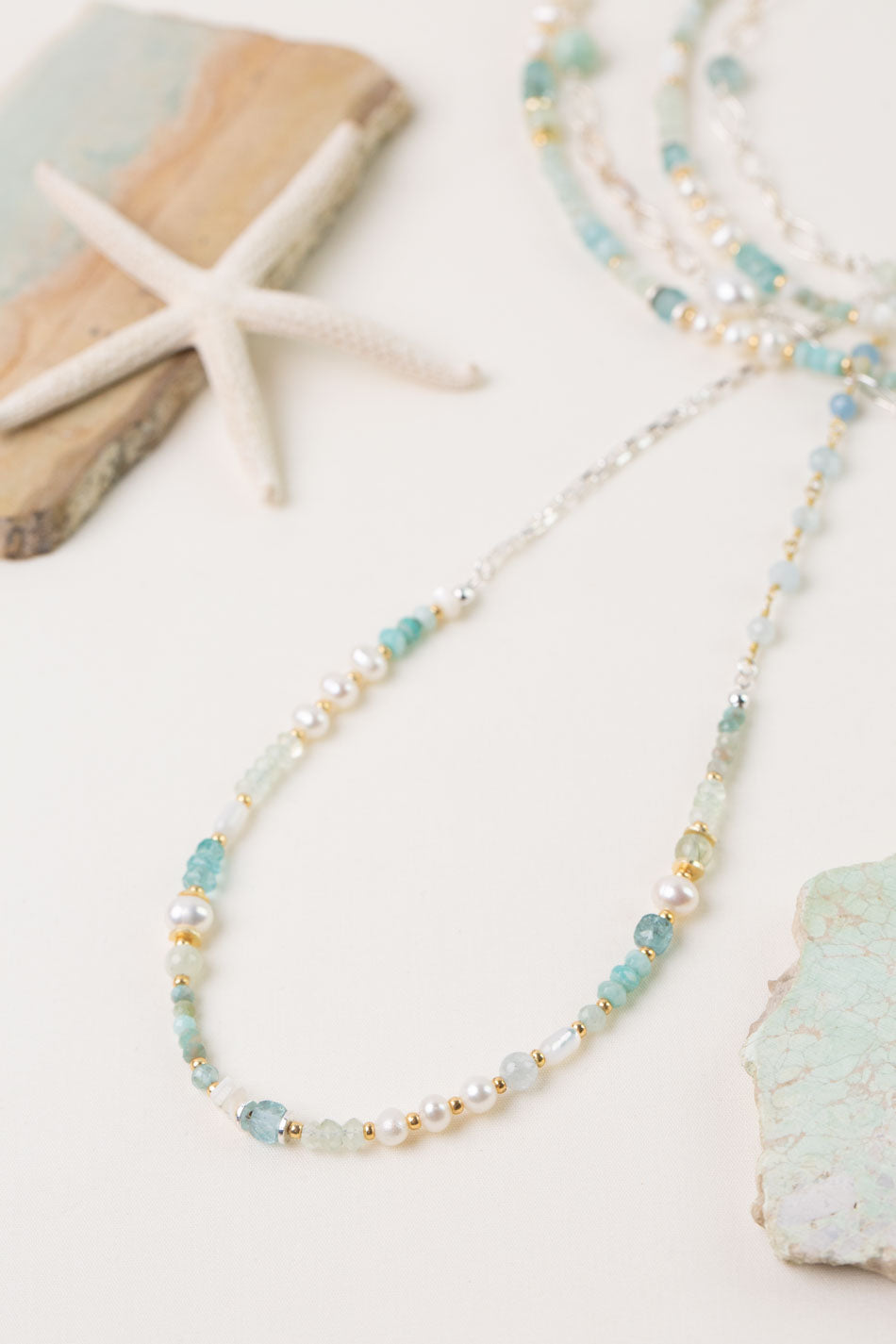 Serenity 58.5-60.5" Freshwater Pearl, Aquamarine, Amazonite Collage Necklace