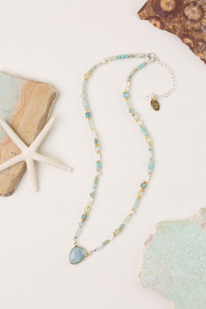 Serenity 16-18" Freshwater Pearl, Apatite, Amazonite with Aquamarine Collage Necklace
