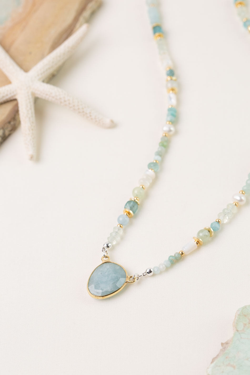 Serenity 16-18" Freshwater Pearl, Apatite, Amazonite with Aquamarine Collage Necklace