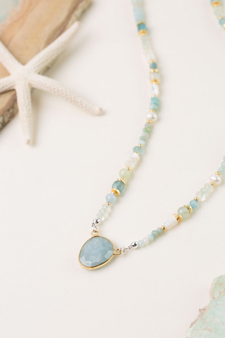 Serenity 16-18" Freshwater Pearl, Apatite, Amazonite with Aquamarine Collage Necklace
