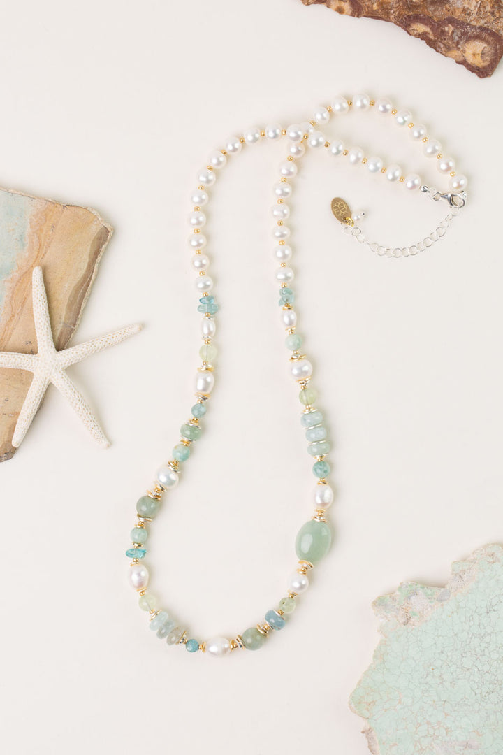 Serenity 22.5-24.5" Aquamarine, Freshwater Pearl, Amazonite Collage Necklace