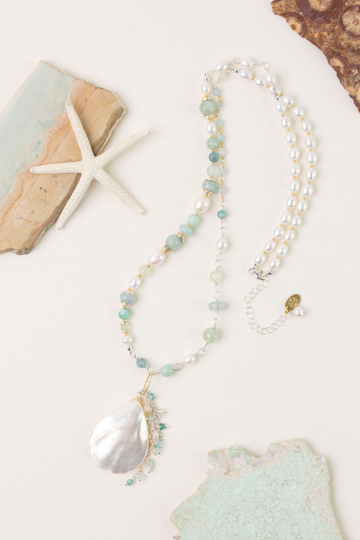 Serenity 26.5-28.5" Aquamarine, Freshwater Pearl, Amazonite with Mother Of Pearl Statement Necklace